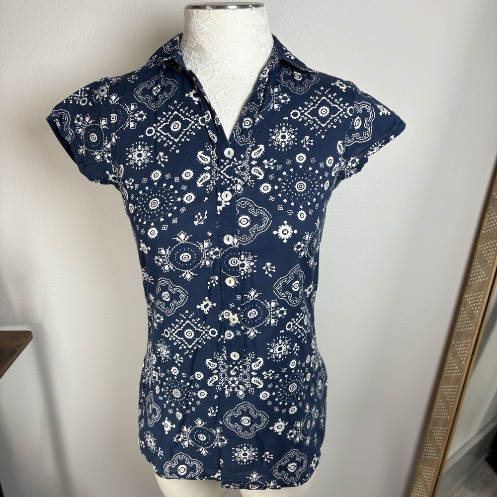Ateesa Womens S Navy Bandana Print 1/2 Button Up Western Boho Top 100% Cotton